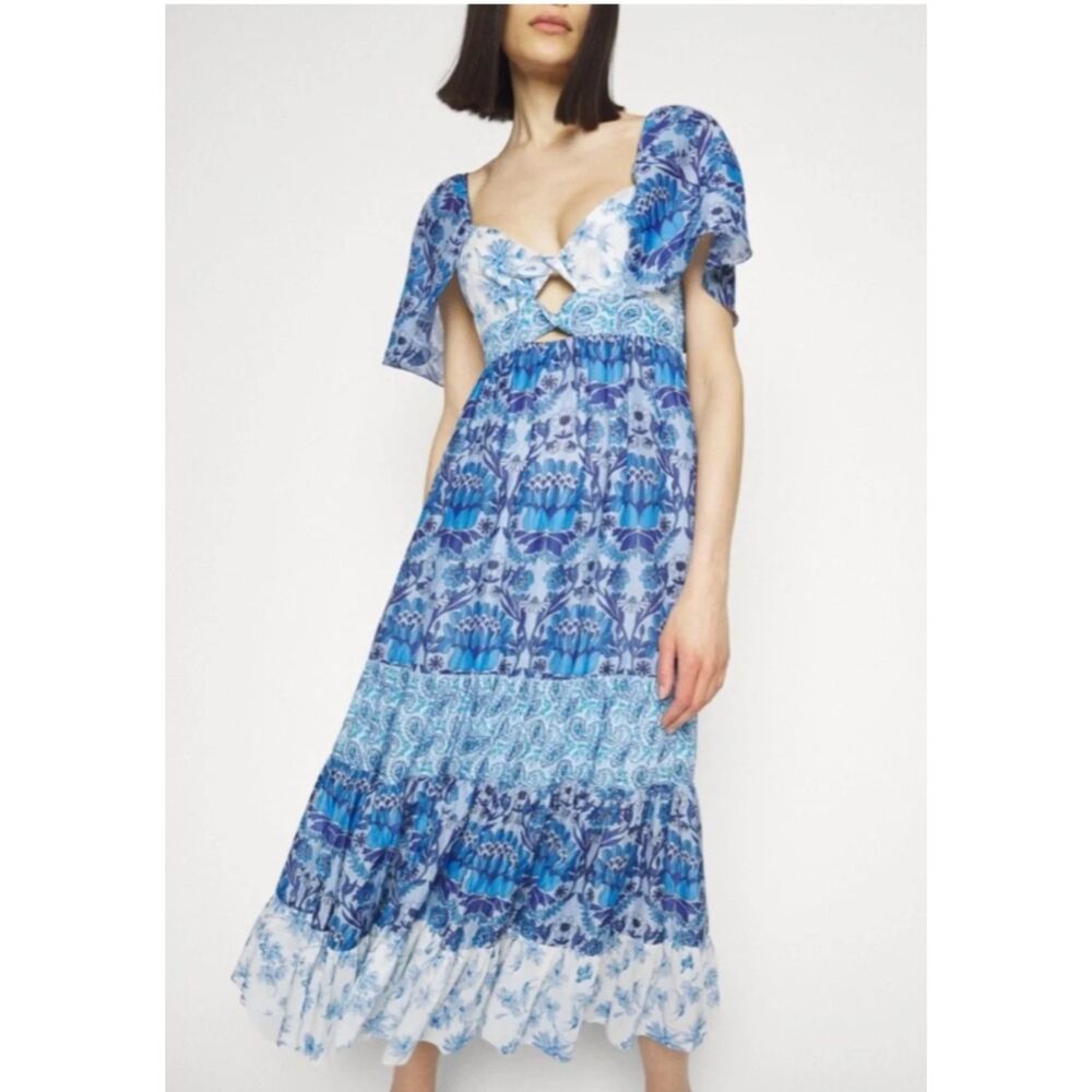 NWT Sandro Blue Floral Tiered Maxi Dress with Keyhole Cutout, Size 40 (US 8)